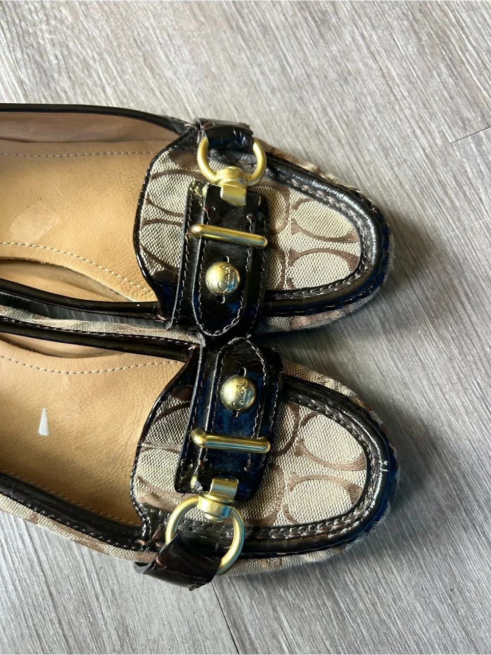 Coach Brown Signature Canvas Flats with Black Patent Trim and Gold Hardware